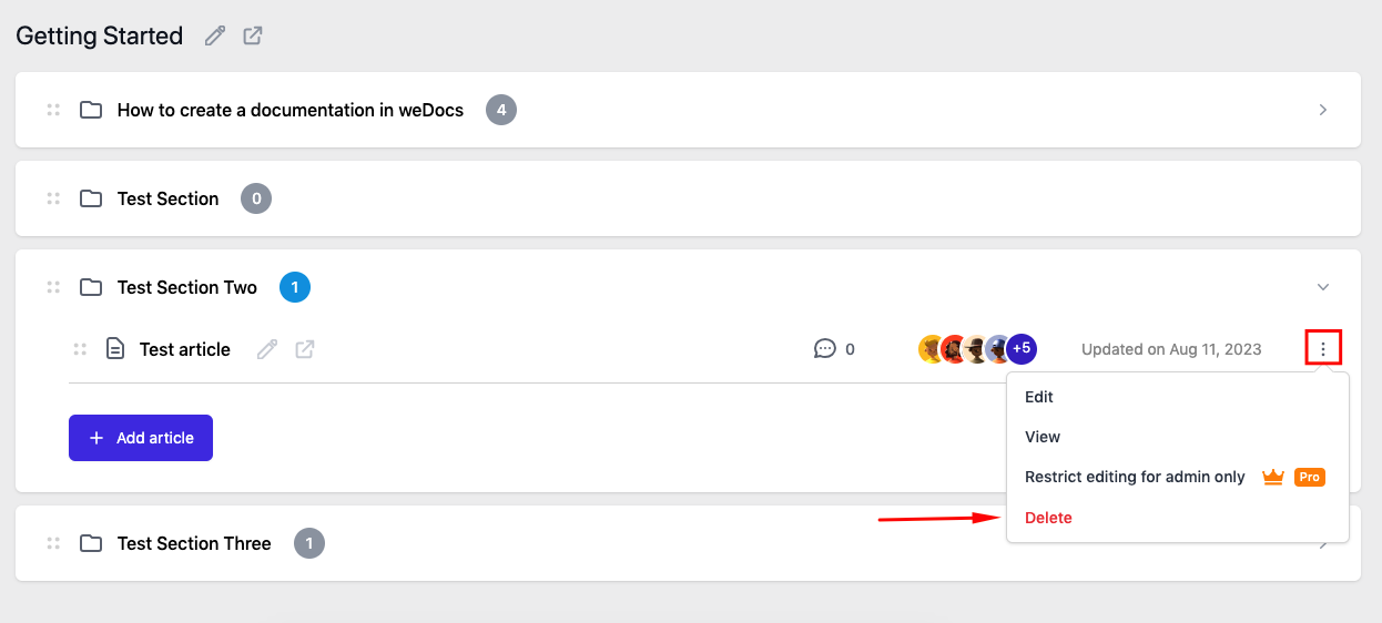 How to delete an article in WordPress docs plugin