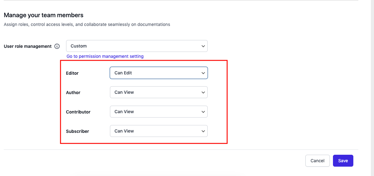 Managing user role for documentation