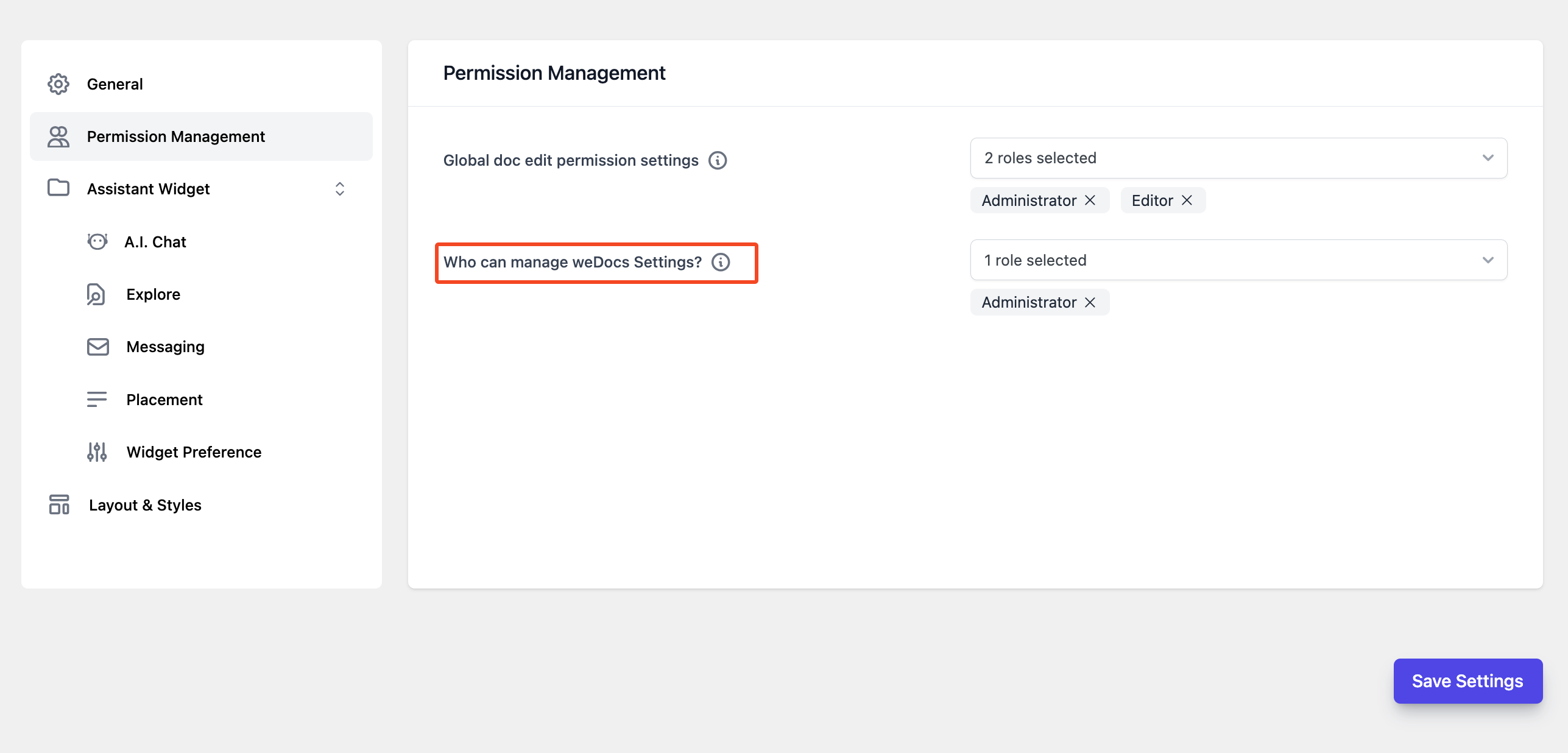 who can manage weDocs settings