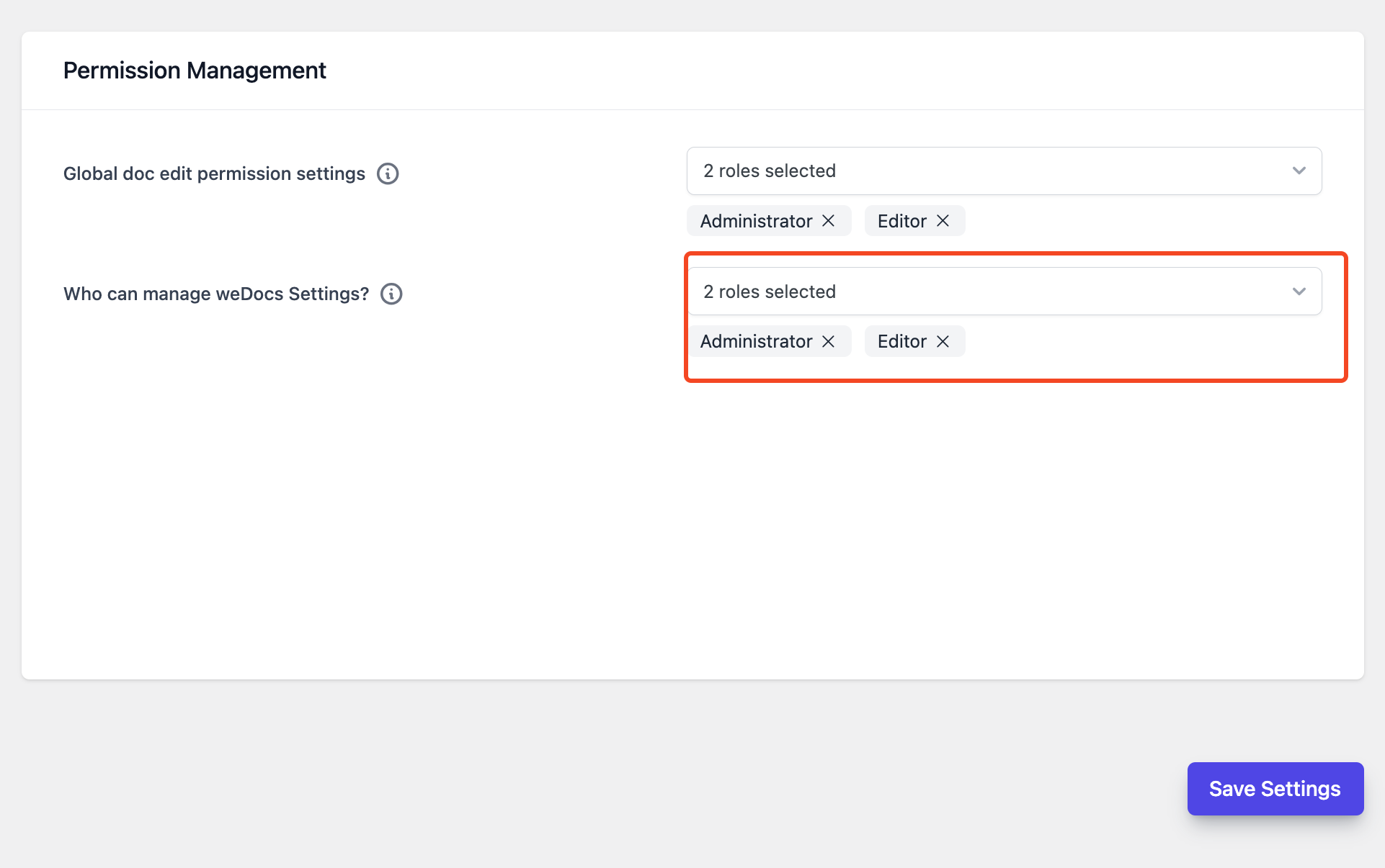 Customizing weDocs settings option